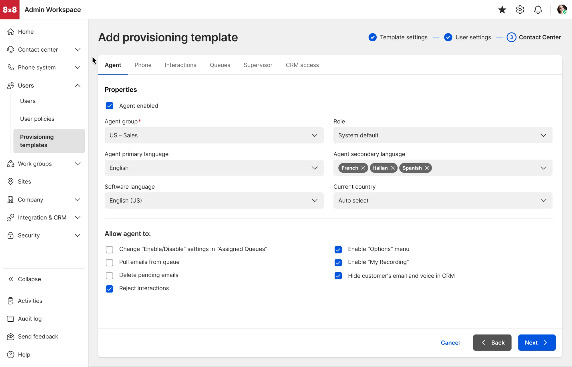 Animation of contact center settings inside a provisioning template